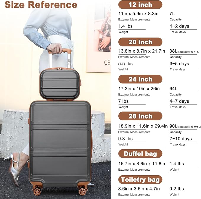 Kono Suitcase Set 3 Piece Luggage Set Expandable PC+ABS Carry On Hardside Luggage with TSA Lock Spinner Wheels (Apricot Grey, 6 piece set)