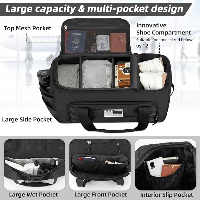 ZOMFELT Tactical Gym Bags for Men, 22x14x9 Carry On Luggage Duffle Bag for Travel, 3-in-1 Sports Basketball Soccer Bag with Removable Dividers & Shoe Compartment, Weekender Overnight Travel bag, Black