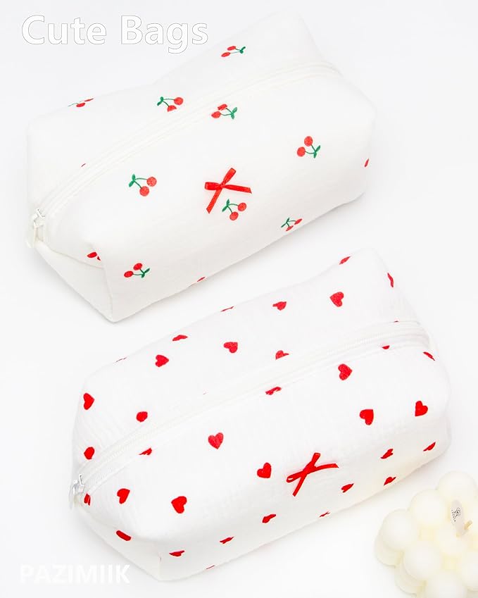 PAZIMIIK Cozy Makeup Bag Small Aesthetic Travel Zipper Cosmetic Pouch for Women Make Up Beauty Accessories Brushes,Heart Red