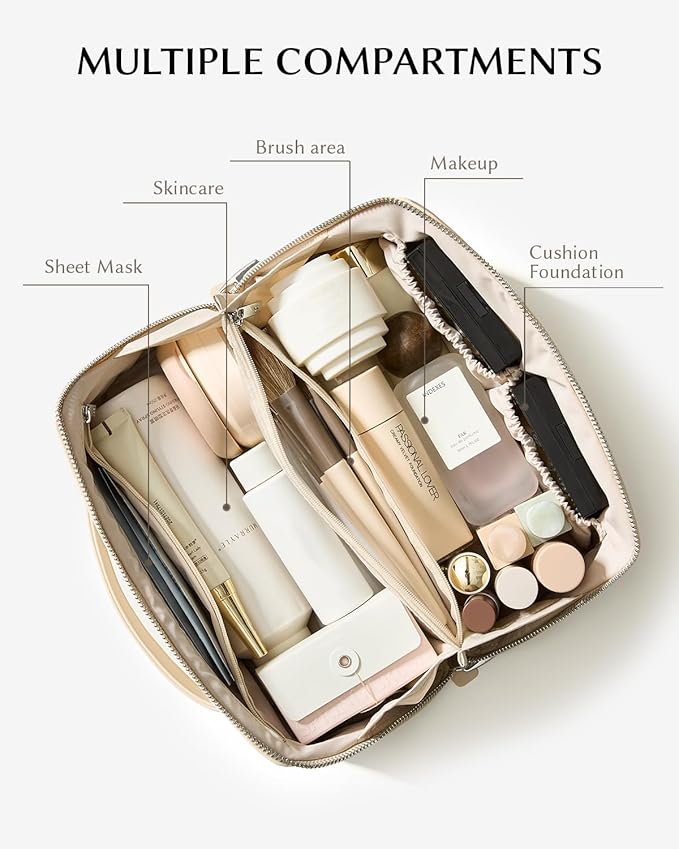 EACHY Travel Makeup Bag, Large Capacity Cosmetic Bag for Women, Waterproof PU Leather, Flat Open Portable Toiletry Bag for Skincare, Brushes & Travel Essentials
