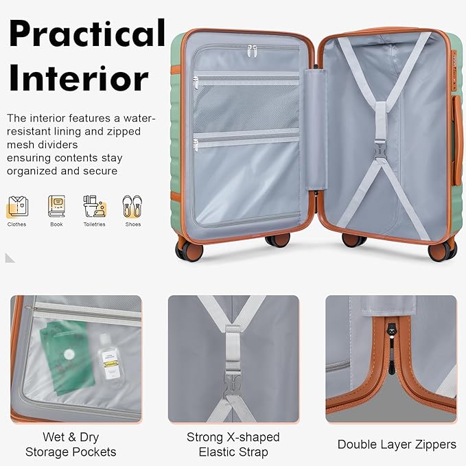Luggage Sets 3 Piece with Spinner Wheels, Lightweight PC Hardside Suitcase with TSA Lock & YKK Zippers, 20 Inch Carry On Luggage with Travel Bag for Men and Women, Green