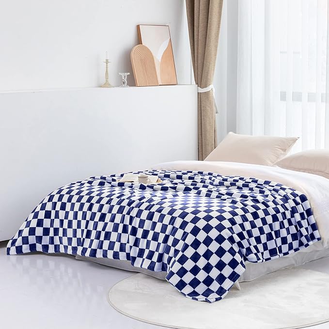 LOMAO Throw Blankets Flannel Blanket with Checkerboard Grid Pattern Soft Throw Blanket for Couch, Bed, Sofa Luxurious Warm and Cozy for All Seasons (Dark Blue, 40"x60")