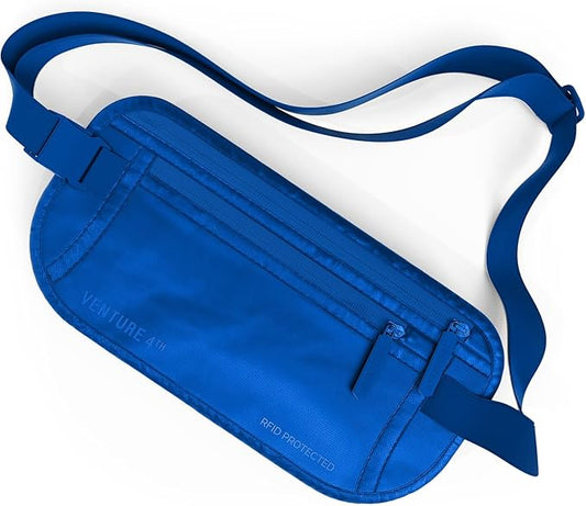 VENTURE 4TH Money Belt for Travel – Hidden Under-Clothes RFID Blocking Passport Holder & Slim Travel Wallet Pouch for Men & Women to Protect Cash, Cards & Documents (Sleek Blue)