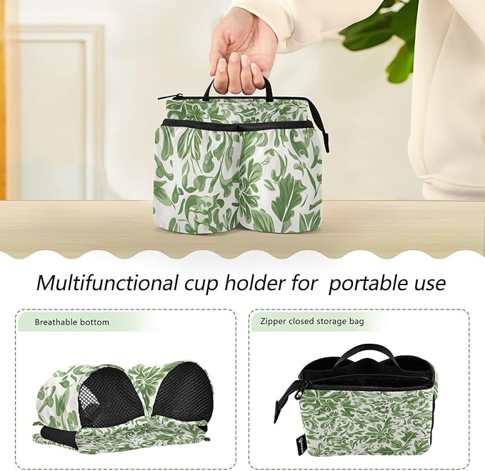 Green Vintage Flower Bohemian Luggage Cup Holder Travel Portable Free Hand Drink Carrier Suitcase Drinks Beverage Holder Carry-On Bottle Mug Holder Organizer Bag Travelers Accessories