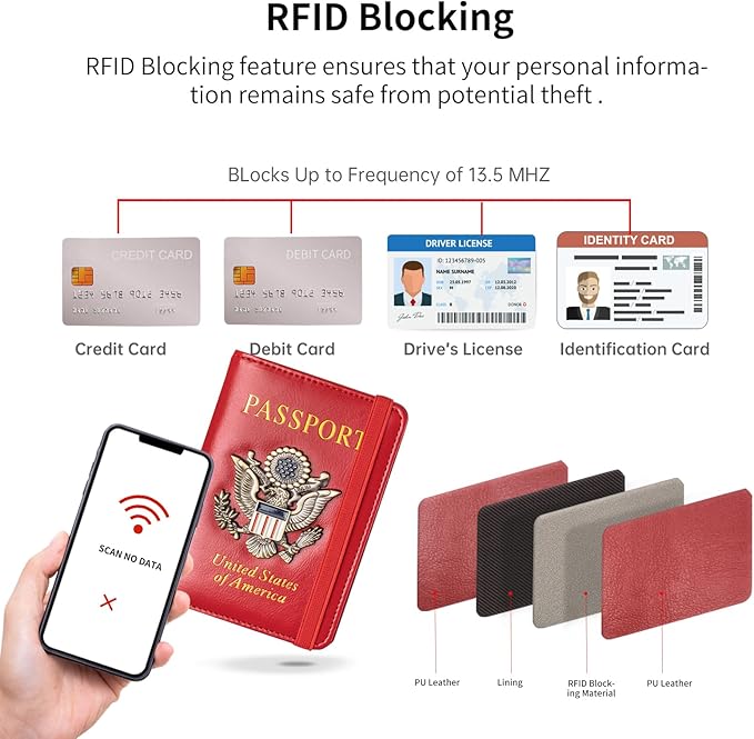 Passport Holder Cover and Card Case Slot Combo RFID Blocking Leather Travel Passport Wallet for Men and Women US Passport Protector Document Organizer,Bright Red