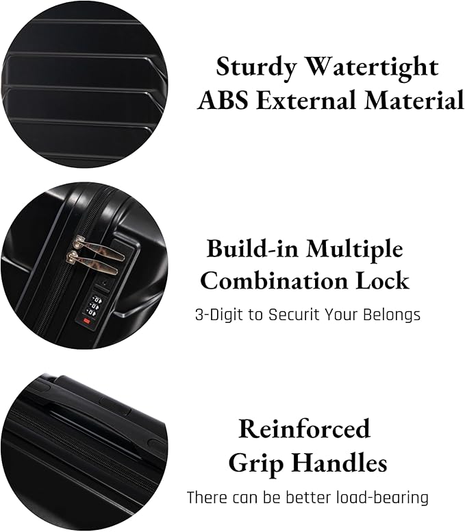 2-Piece ABS Hard Shell Lightweight Carry-On Luggage Set (14" & 20"), 360-Degree Spinner Wheels, Adjustable Telescopic Handle and Combination Lock for Travel, Black