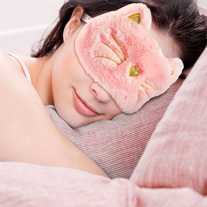 Geyoga Sleep Mask for Kids, Girls Plush Sleeping Eye Cover Soft Eye Blindfold Cover Animal Shade for Kids(White, Pink and Rainbow Color,Cat Style)