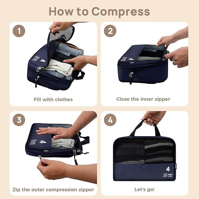 7 Set Compression Packing Cubes Travel Accessories Expandable Packing Organizers (Navy Blue)