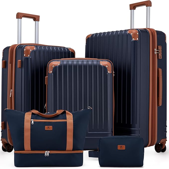 KUNEL Expandable 5 Piece Luggage Sets with Detachable Spinner Wheels and TSA Lock, Unisex Hardside ABS Suitcase Set, Hardshell Lightweight Waterproof Travel Hard Case Suitcases with Wheels, Darkblue