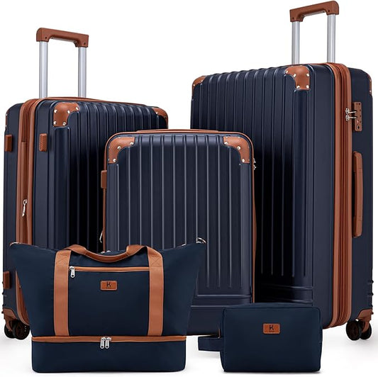 KUNEL Expandable 5 Piece Luggage Sets with Detachable Spinner Wheels and TSA Lock, Unisex Hardside ABS Suitcase Set, Hardshell Lightweight Waterproof Travel Hard Case Suitcases with Wheels, Darkblue