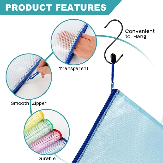 Mesh Zipper Pouch Bags - 5Pack A6 Waterproof Small Zipper Bags 4.7x9.3 Inch Clear Mesh Storage Pouches Assorted Colors for Home, Office, School, Travel, Receipts, Puzzles, Pencil, Cosmetic