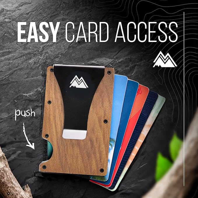 Mountain Voyage Co Minimalist Wallet for Men - Slim RFID, Scratch Resistant, Natural Walnut Wood Credit Card Holder & Money Clip, Easily Removable Money & Cards, Mens Wallets