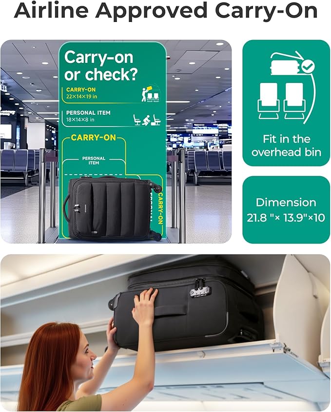 BAGSMART Carry On Luggage 22x14x9 Airline Approved, 20 Inch Soft Suitcase with Wheels, Lightweight Spinner Carry on Suitcase with PVC Wet/Dry Pockets for Short Trip, Black