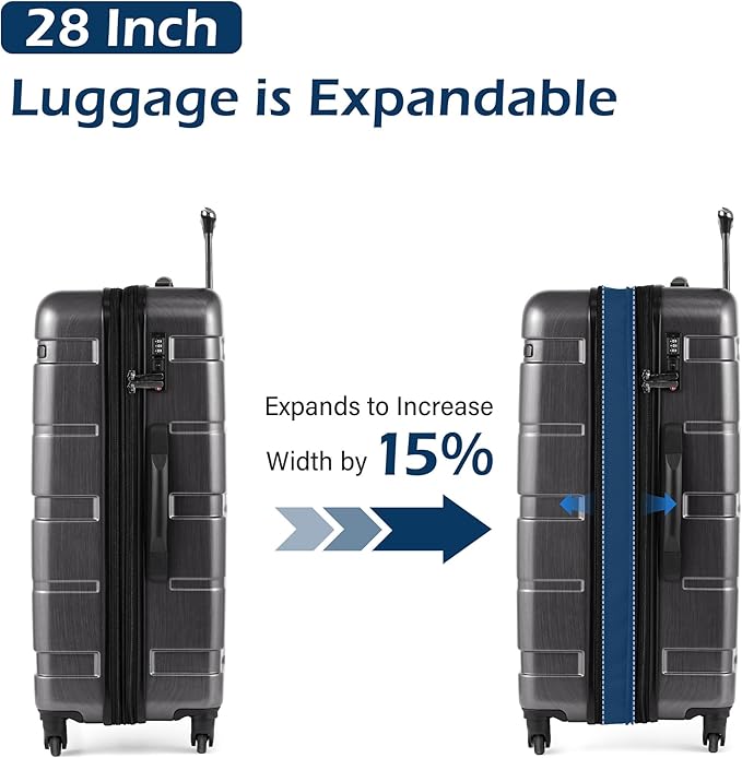 Coolife Luggage Set 3 Piece Hardside PC+ABS Suitcase with TSA Lock, Expandable Large Checked Luggage, Lightweight Rolling Carry On with Spinner Wheels(20/24/28 Inch, Charcoal)