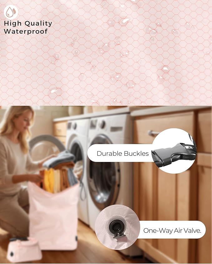 Travel Laundry Bag, Pump Free Vacuum Storage Bag Reusable Compression Dirty Clothes Travel Bag Waterproof Wet Dry Bags Large Capacity Space Saver Bags Camp Clothes Organizer (1 Pcs)(Pink, L)