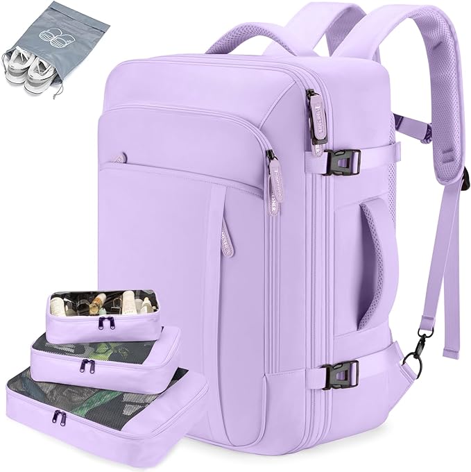 Lumesner Carry on Travel Backpacks, Extra Large 40L Flight Approved Bag for Men & Women,Expandable Suitcase Backpack With 4 Packing Cubes,Water Resistant Luggage Daypack Business Weekender Bag, Purple