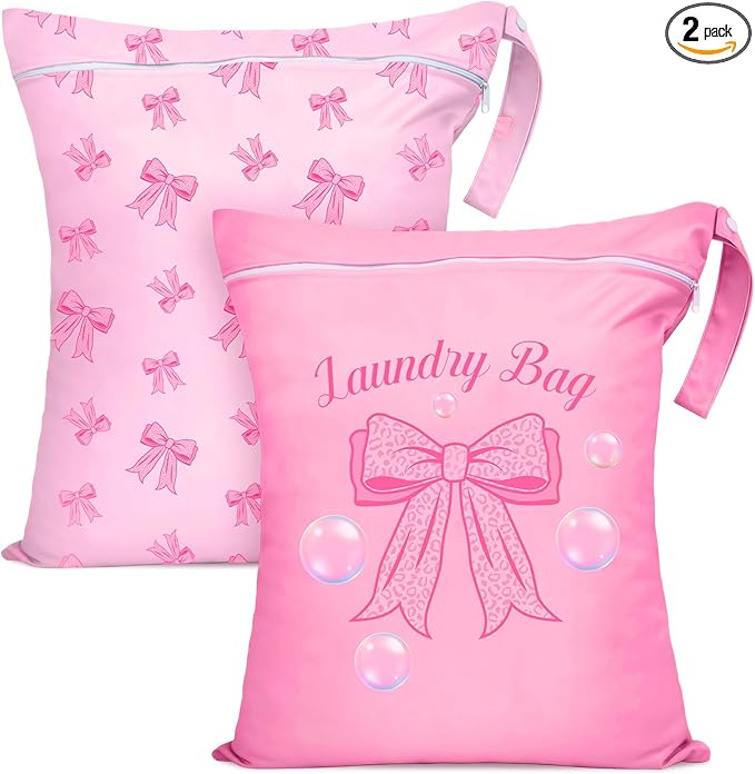2 Pcs Large Travel Laundry Bags Waterproof Wet Dry Bag, Washable Dirty Clothes Bags for Travel，Drawstring, Bathing Suit, Workout, Gym Clothes Laundry, Swimming Pool & College Dorm, Pink Bow