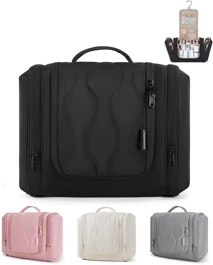 BAGSMART Travel Toiletry Bag for Women, Puffy Hanging Toiletry Bag with Hook, Water-resistant Toiletry Organizer for Full Sized Toiletries, Black