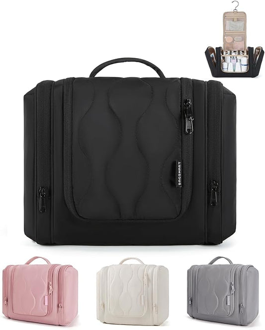 BAGSMART Travel Toiletry Bag for Women, Puffy Hanging Toiletry Bag with Hook, Water-resistant Toiletry Organizer for Full Sized Toiletries, Black