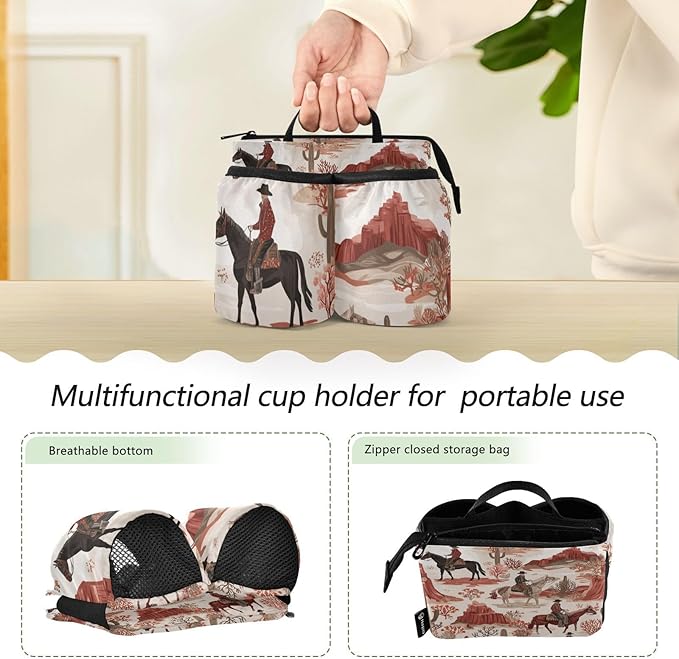 Vintage Cowboys on Horses Cactus Desert Luggage Cup Holder Travel Portable Free Hand Drink Carrier Suitcase Drinks Beverage Holder Carry-On Bottle Mug Holder Organizer Bag Travelers Accessorie