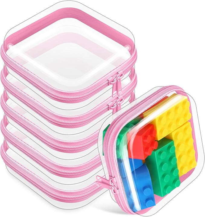 Sanwuta 6 Pcs Clear Hard Zipper Case Plastic Zipper Pouches Transparent Makeup Bag Pencil Case Pouches Toiletry Diaper Bag for Travel Toy Storage Organizer Bins(Pink,5 x 5 x 2 Inch)