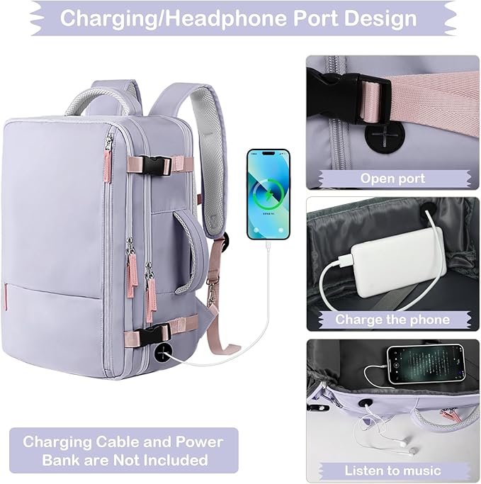 Hanples Large Travel Backpack for Women as Person Item Flight Approved, Waterproof 35L Carry On Backpack, 17 Inch Laptop Backpack for Business Bag with 2 Toiletry Bags (Gray Purple)
