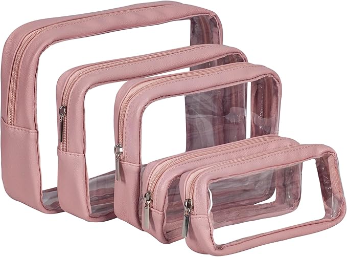 TSA Approved 5-Piece Diaper Bag Organizer Pouch Set Clear Waterproof TPU Kids Toiletry Storage Set Travel Packing Clutch Cube Bags for Baby Nursing (Light Pink Leather)