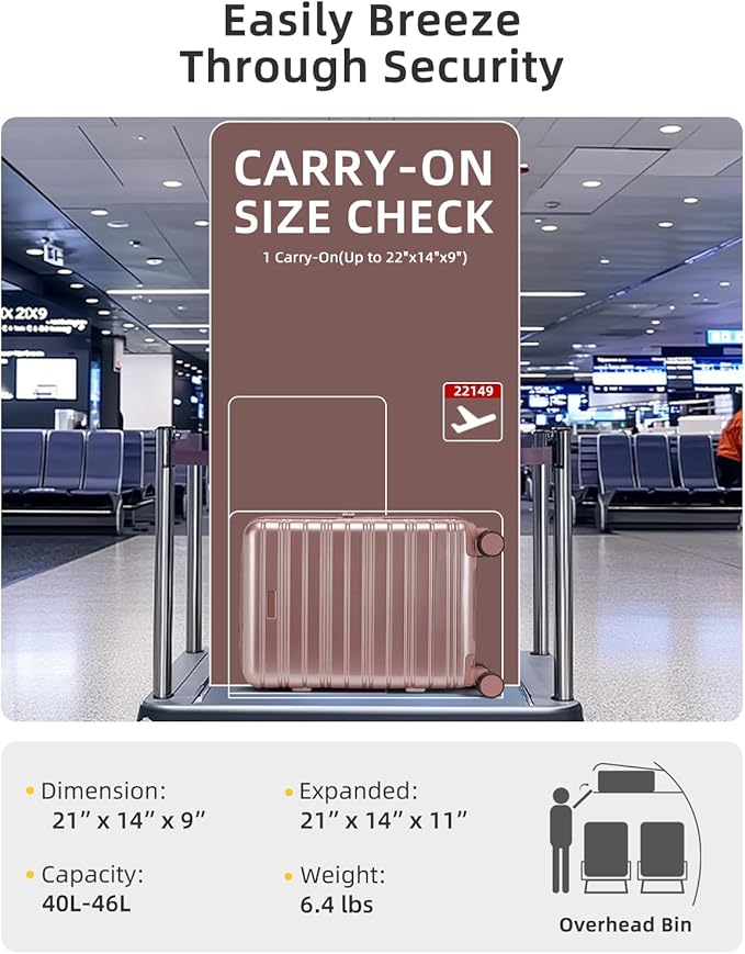LARVENDER Carry On Luggage 22x14x9 Airline Approved, 20 Inch Expandable PC+ABS Hardside Suitcase Carry On Luggage with Spinner Wheels TSA Lock for Women Men (Rose Gold)