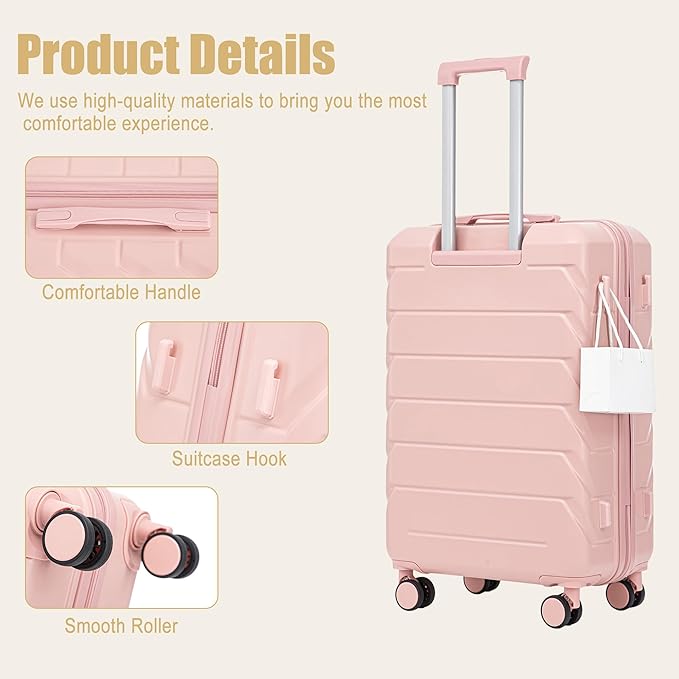 28 Inch Checked-Large Luggage, Lightweight ABS Hard Shell Suitcase with Spinner Wheels, Expandable Travel Luggage with Combination Lock & Side Hooks for Men Women (Pink, 28)