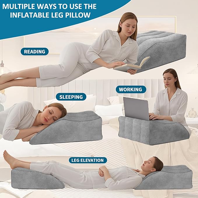 Inflatable Leg Elevating Pillow for Traveling - Leg Pillow Elevation with Eye Mask,Inflatable Leg Pillow for Swelling,Circulation,Pain Relief,Bolster Pillow Support for Ankle Recovery,Foot,Knee,Gray