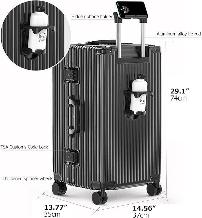 feilario 29in Super Large Captain Aluminum Frame Hardside Spinner Wheels Luggage, Removable Wheels Zipperless Checked Suitcase with Cup Holder/Phone Holder (Jet Black,29in)