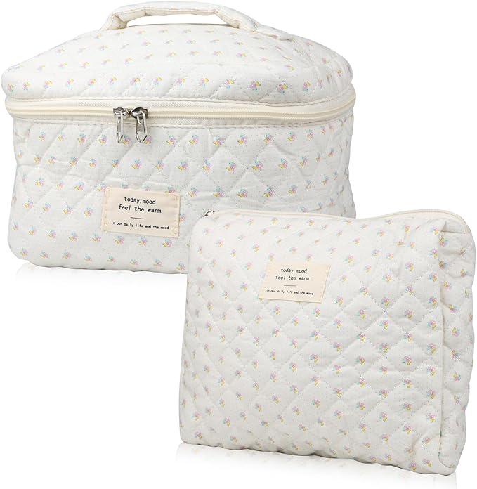 Cute Makeup Bag for Women(2 Pcs), Travel Cosmetic Bags, Quilted Coquette Aesthetic Floral Toiletry Organizer Bag (Little Flower)