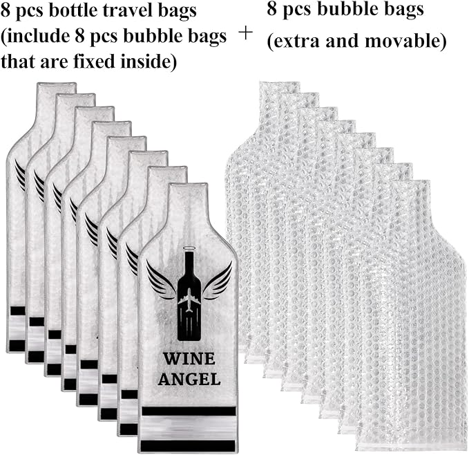 [UPGRADED PROTECTION] 8 Set (16 pcs) Reusable Wine Bags for Travel, Wine Travel Protector, Bottle Travel Sleeve Case For Airplane, Car, Cruise, TRIPLE Protection Luggage Leakproof Safety Impact Resist