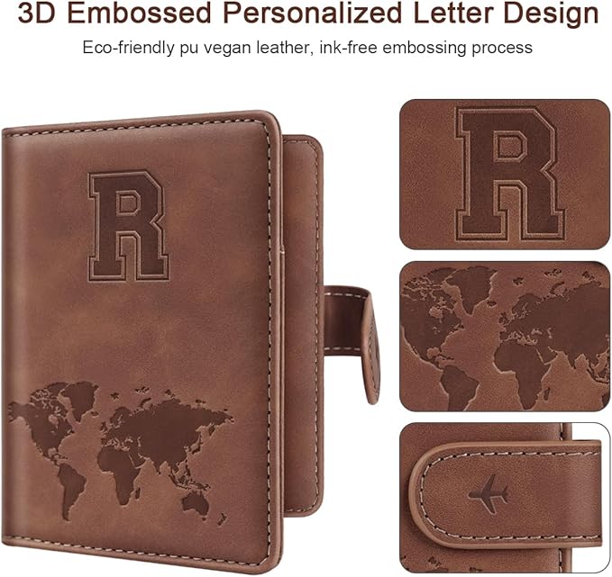 Passport Holder Wallet Cover Personalized Letter A-Z Travel Wallet RFID Blocking Passport Cover Wallet Case for Travel Passport Book Holders for Women and Men, Brown-R