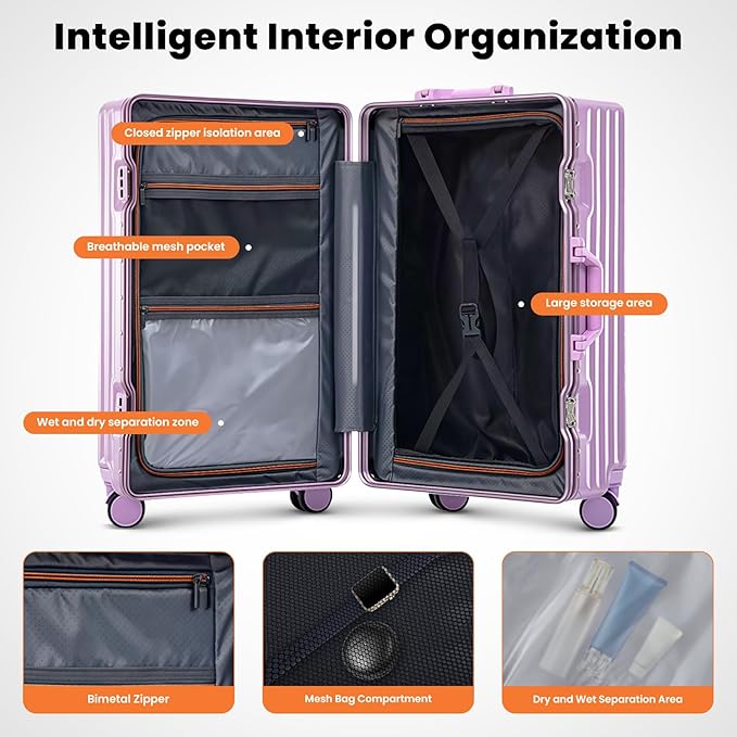 Carry on Luggage, 20 Inch Aluminum Frame PC Hardshell Suitcase with Cup Holder & Charger Port, Airline Approved Weekend Business Travel Case with Spinner Wheels, Tsa Lock