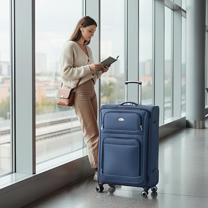 30'' Large Softside Suitcase,Expandable 15% Luggage,w/Double Spinner Wheels w/Combination LOCK,Lightweight Travel Suitcase for Travel（Blue,30in）