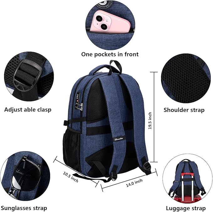 SHRRADOO Anti Theft Laptop Backpack Travel Backpacks with Combination Lock for Women Men High School College Backpack Computer Bag Fits 17 Inch Laptop,Royal Blue