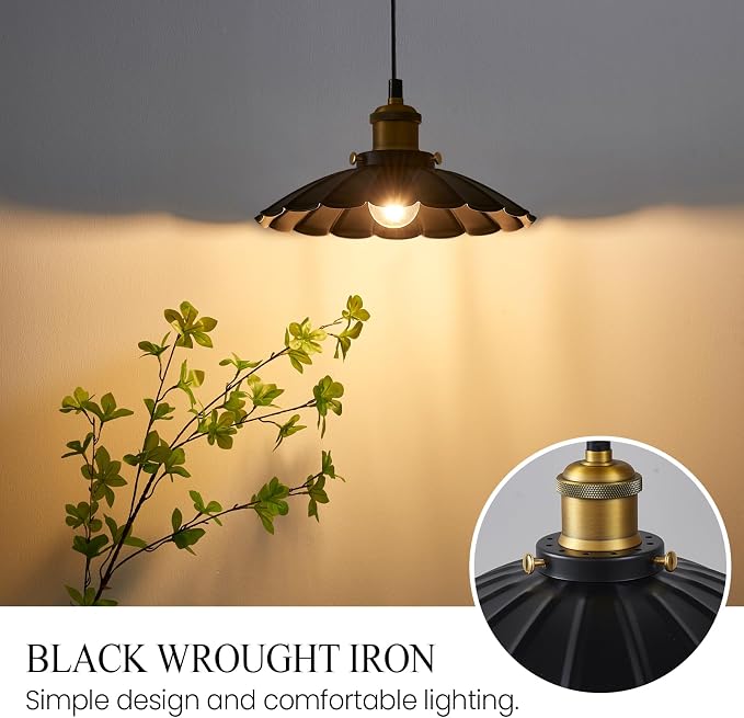 Black Pendant Light, 9.8 Inch Retro Hanging Lamp for Bedroom, Glossy Hanging Kitchen Lights Living Room 6.5Ft Height Adjustable Indoor Pleated Pendant Light