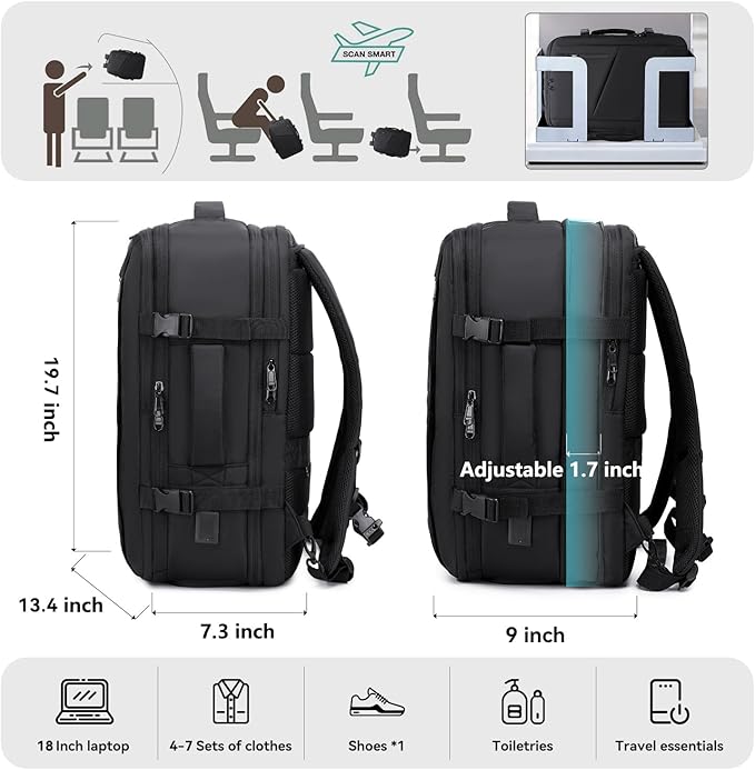 Carry on Travel Backpack for Men Women, Extra Large 50L Flight Approved Expandable Suitcase With USB/Type-C Charging Port, Victoriatourist Water Resistant Luggage Daypack Business Weekender Bag, Black