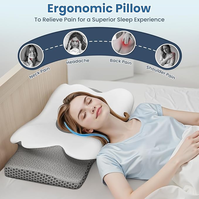 Cervical Neck Pillow for Sleeping – Memory Foam Bed Pillow for Neck Support, Orthopedic Contour for Side & Back Sleepers, Breathable & Cooling Cover, CertiPUR-US Certified, Grey, Queen Size
