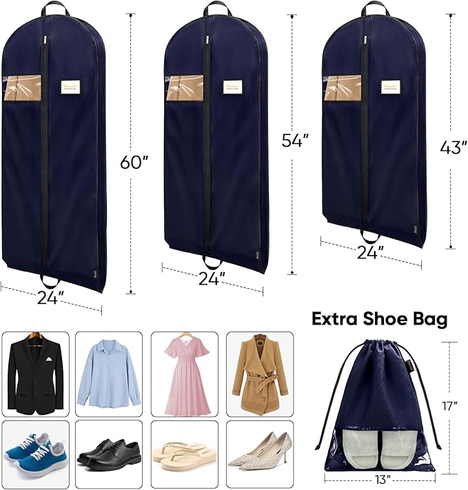 BALEINE 5PK Heavy Duty Garment Bag with Shoe Storage Travel Bag for Dresses, Suit, Coats Travel Essential (54", Blue)