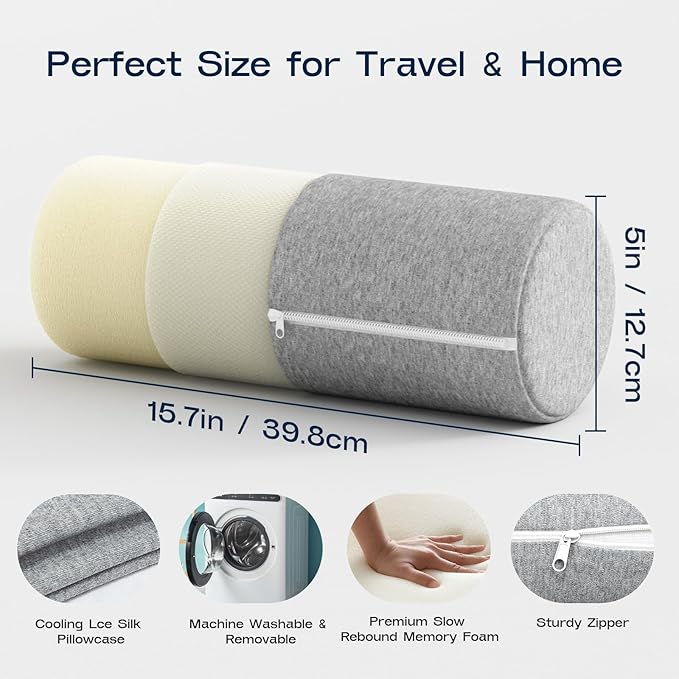 Neck Roll Pillow for Neck Pain Relief - Memory Foam Neck Support Pillow for Bed, Cylinder Pillows, Round Neck Pillow for Sleeping, 15.7 * 5 * 5 inch (Grey)