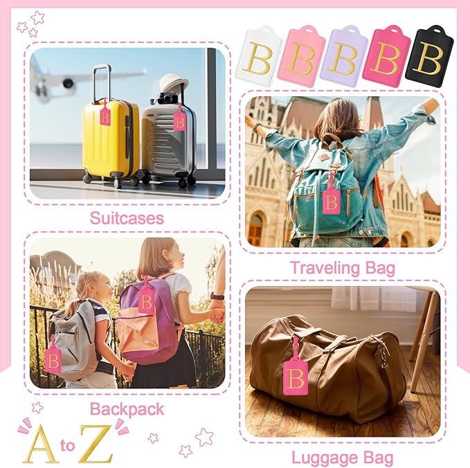 Initial Luggage Tags for Suitcases, Cute Embroidered Letter Luggage Bag Suitcase Identifier Name Baggage Tag, PU Leather Travel Luggage Tags, Bag Tags for Men Women Kids Luggage Handbags(Rosered B)