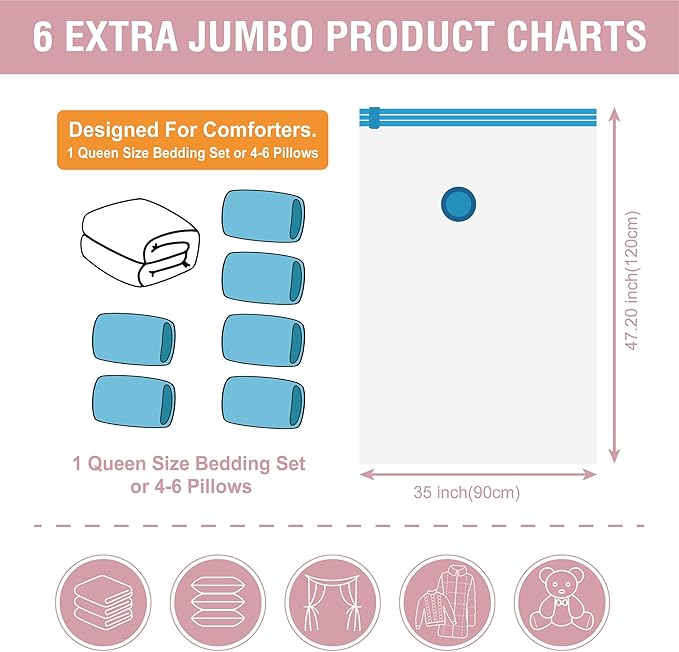 Cozy Essential Vacuum Storage Bags, 80% Compression Vacuum Seal Space Saver Plastic Packaging Bags for Clothes, Blankets, Pillow, Bedding, Comforters, Sealer Clothing Storage,6 XXL Jumbo
