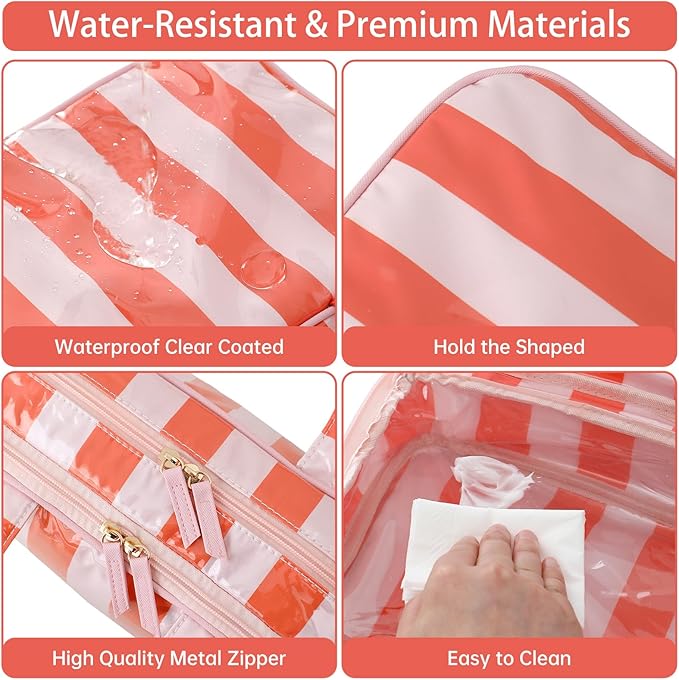 Travel Toiletry Bag for Women, Waterproof Clear Coated Portable Stripe Makeup Cosmetic Bag with Compartment, Travel Organizer for Shampoo, Conditioner, Brushes Set,Cosmetic Accessories(Pink-Orange)