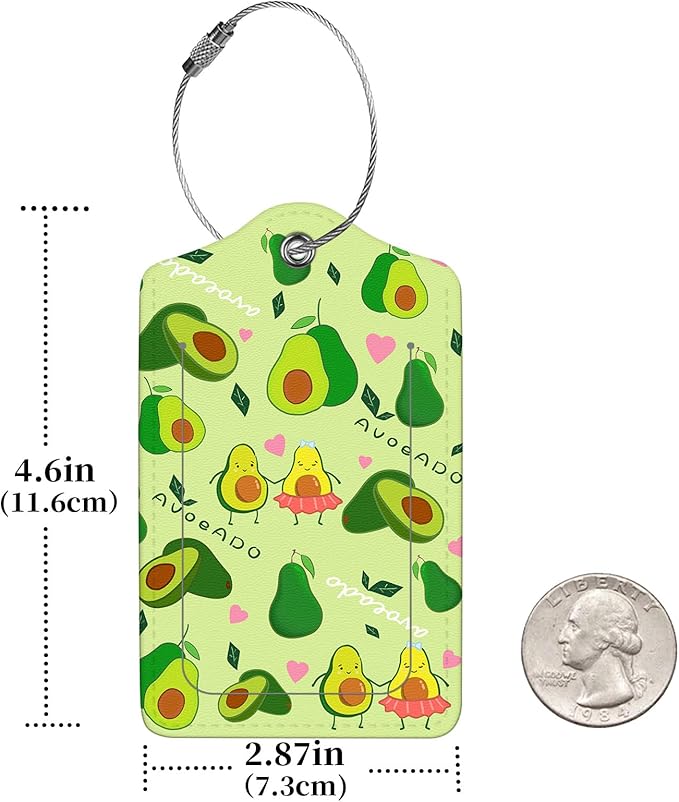 2 Pcs Luggage Tags for Suitcase, Cute Unique PU Leather Travel Bag Tag with Privacy Cover ID Label Address Card and Durable Metal Ring Suitable for Men Women Children Backpack,Avocado