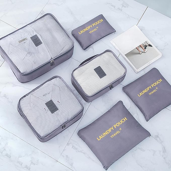 6 Set Packing Cubes for Travel Luggage Packing Bags Reusable Waterproof Suitcase Organizer Bags Set with Shoe Bag and Toiletry Bag (Grey)