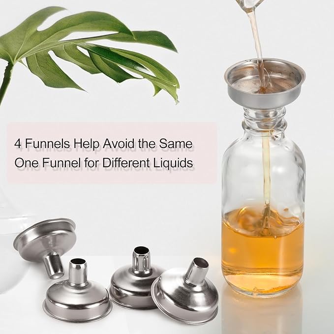 18 Pack, 2 oz Small Clear Glass Bottles w/ Lid & 4 Stainless Steel Funnels - 60ml Boston Sample Bottles - Mini Travel Essential or Decorative Bottles for Potion, Juice, Wellness, Ginger Shots, Whiskey
