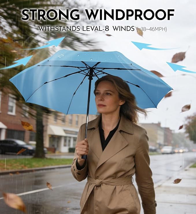 Windproof Travel Umbrella for Rain - 43" Compact Folding Umbrella, Reinforced Strong Frame, Lightweight Portable Parasol with UPF 100+ UV Sun Protection, Cruise Ship Essentials