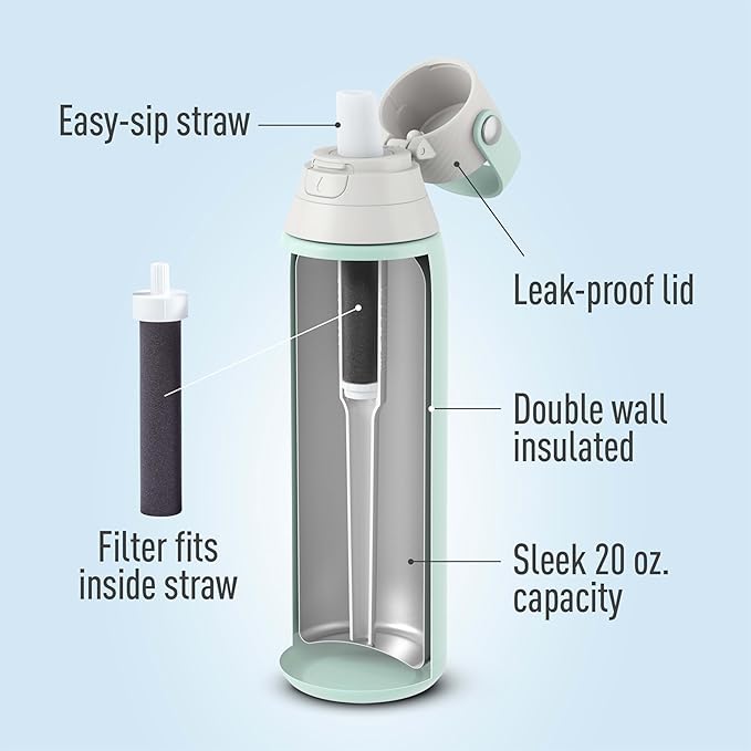 Brita Stainless Steel Premium Filtering Water Bottle, BPA-Free, Reusable, Insulated, Replaces 300 Plastic Water Bottles, Filter Lasts 2 Months or 40 Gallons, Includes 1 Filter, Glacier - 20 oz